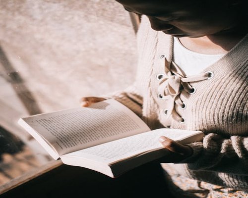 Person reading a book by a window with warm natural morning light